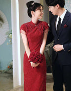 Cap Sleeve Floral Lace Cheongsam Toasting Dress Wedding Gown