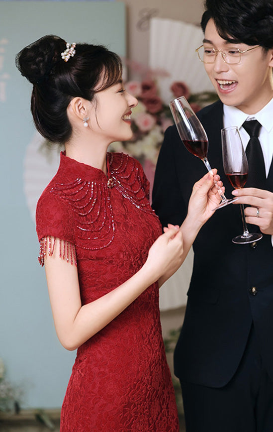 Cap Sleeve Floral Lace Cheongsam Toasting Dress Wedding Gown