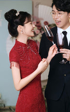 Cap Sleeve Floral Lace Cheongsam Toasting Dress Wedding Gown