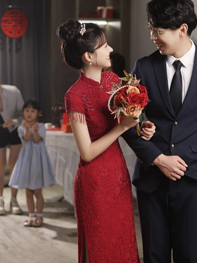 Cap Sleeve Floral Lace Cheongsam Toasting Dress Wedding Gown