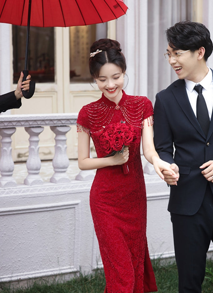Cap Sleeve Floral Lace Cheongsam Toasting Dress Wedding Gown