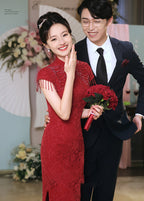Cap Sleeve Floral Lace Cheongsam Toasting Dress Wedding Gown