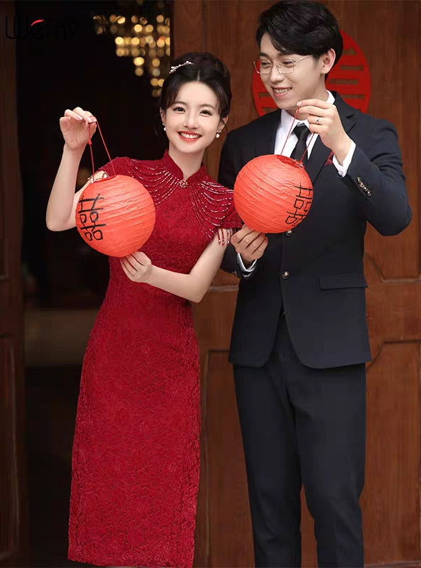 Cap Sleeve Floral Lace Cheongsam Toasting Dress Wedding Gown