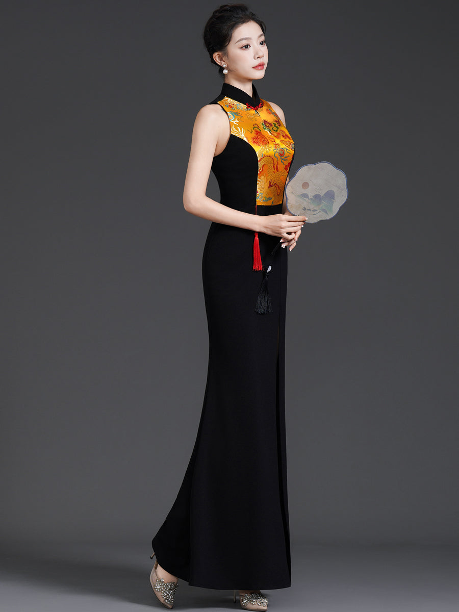 Elegant Chinese-Style Sleeveless Qipao | Black Long Mermaid Evening Gown