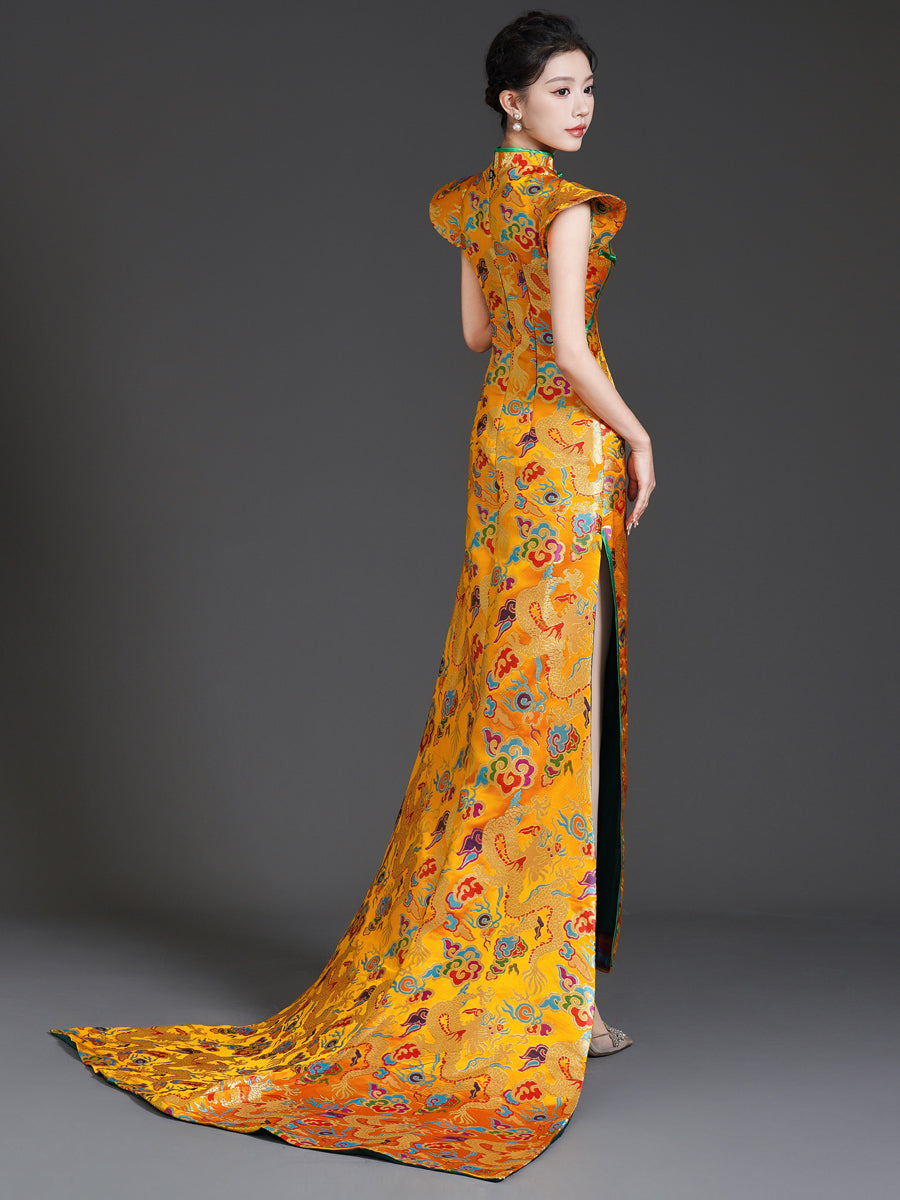 Elegant Chinese-Style Qipao with Train | Evening Gown for Runway,