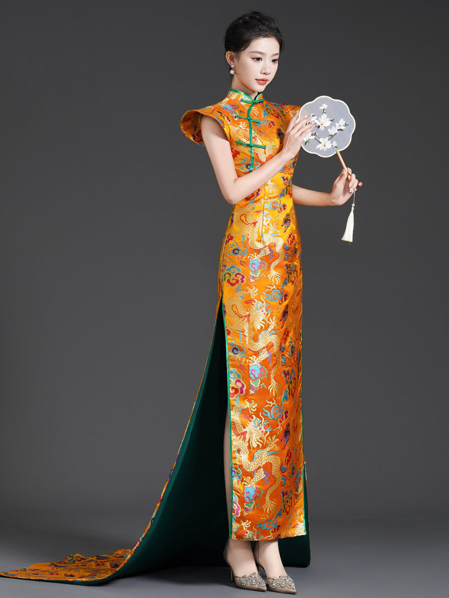 Elegant Chinese-Style Qipao with Train | Evening Gown for Runway,