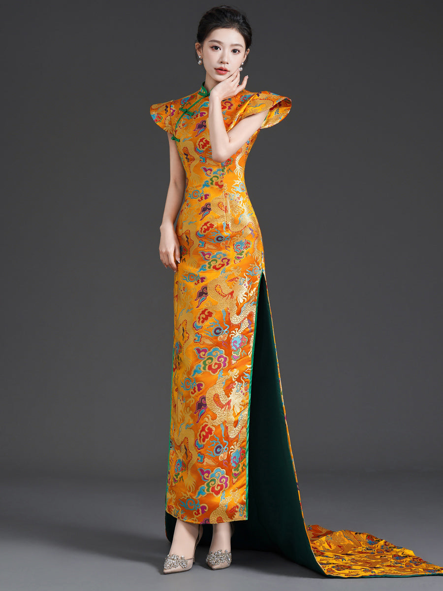 Elegant Chinese-Style Qipao with Train | Evening Gown for Runway,