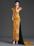 Elegant Chinese-Style Qipao with Train | Evening Gown for Runway,