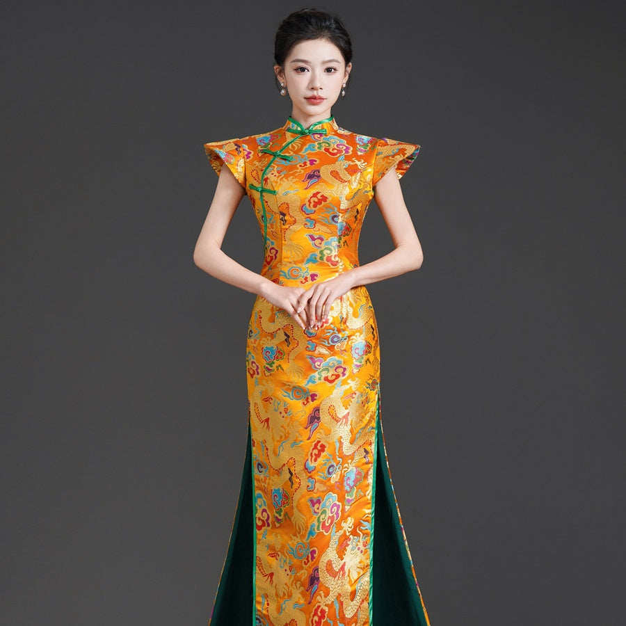Elegant Chinese-Style Qipao with Train | Evening Gown for Runway,