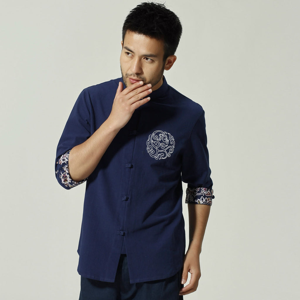 100% Cotton Auspicious Embroidery Half Sleeve Chinese Shirt