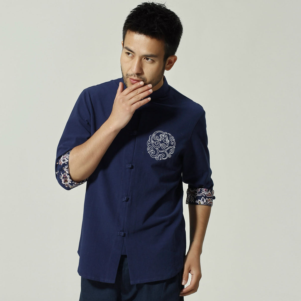 100% Cotton Auspicious Embroidery Half Sleeve Chinese Shirt