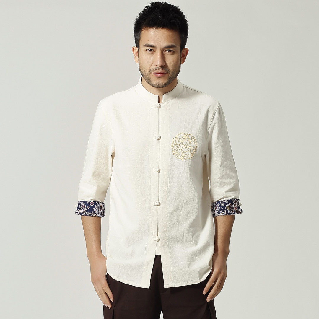 100% Cotton Auspicious Embroidery Half Sleeve Chinese Shirt