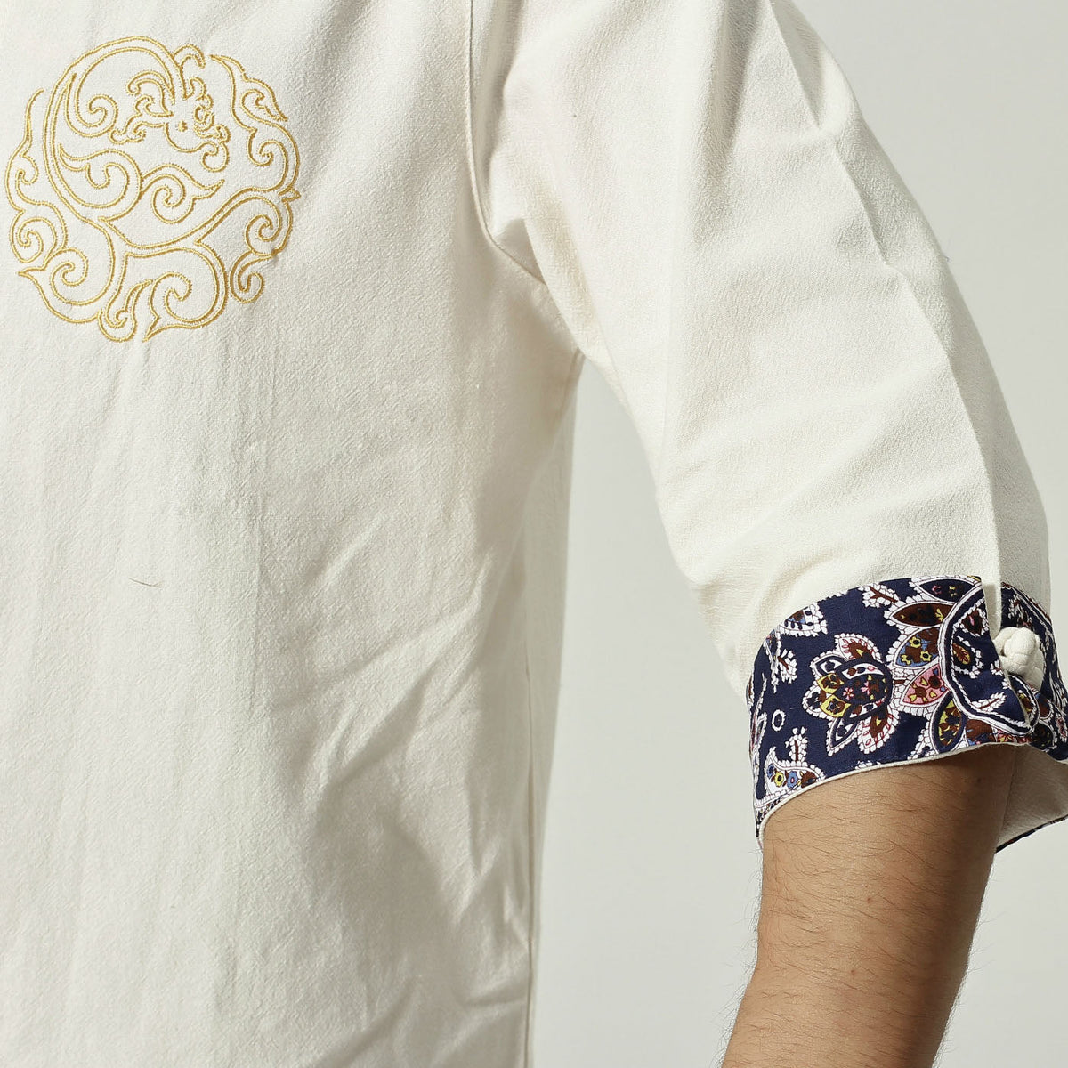 100% Cotton Auspicious Embroidery Half Sleeve Chinese Shirt