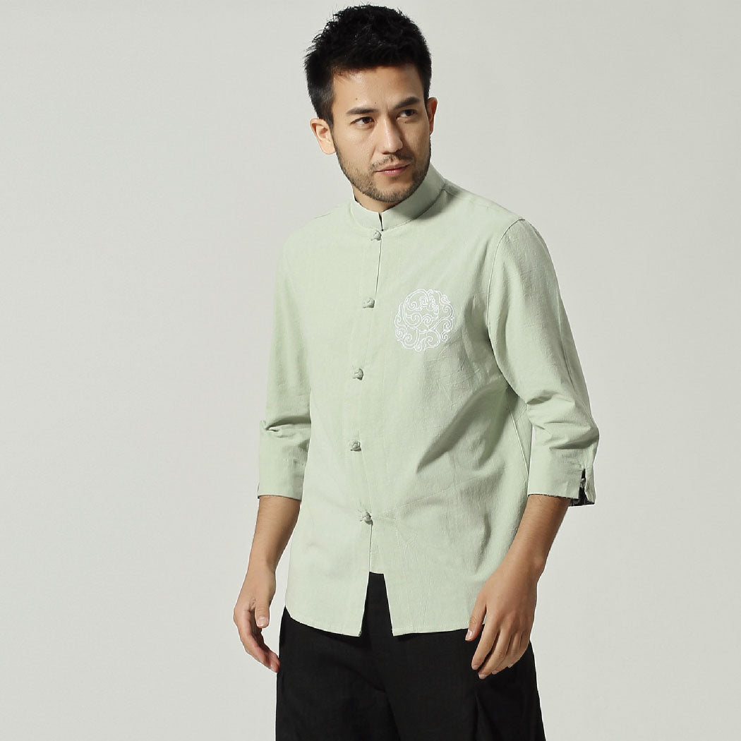 100% Cotton Auspicious Embroidery Half Sleeve Chinese Shirt