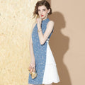 Chinese Characters Pattern Cotton & Chiffon Joint Cheongsam Chinese Dress