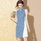 Chinese Characters Pattern Cotton & Chiffon Joint Cheongsam Chinese Dress