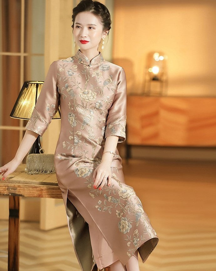 3/4 Sleeve A-line Floral Brocade Retro Cheongsam Chinese Dress