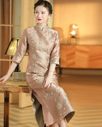 3/4 Sleeve A-line Floral Brocade Retro Cheongsam Chinese Dress