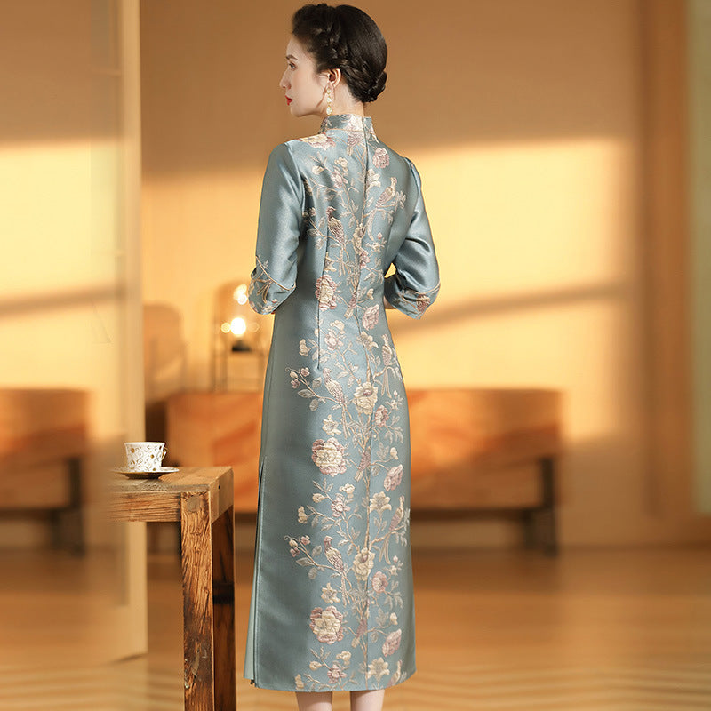 3/4 Sleeve A-line Floral Brocade Retro Cheongsam Chinese Dress