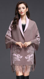 Batwing Sleeve Floral Sweater Shawl with Tassels