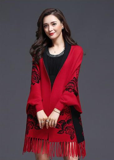 Batwing Sleeve Floral Sweater Shawl with Tassels