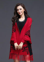 Batwing Sleeve Floral Sweater Shawl with Tassels