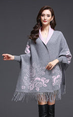 Batwing Sleeve Floral Sweater Shawl with Tassels