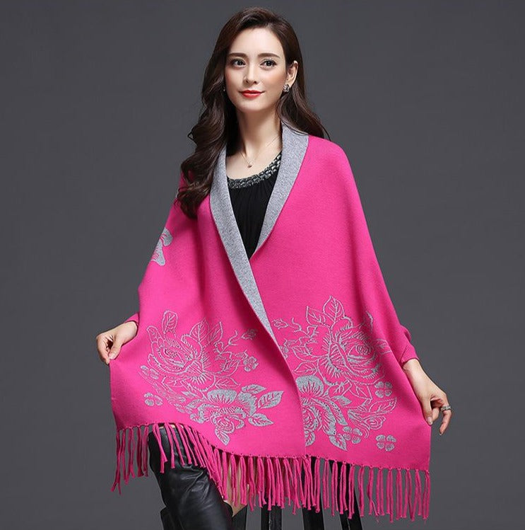 Batwing Sleeve Floral Sweater Shawl with Tassels