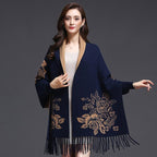 Batwing Sleeve Floral Sweater Shawl with Tassels