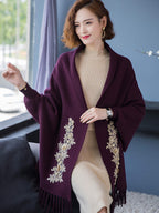 Cheongsam Matched Floral Appliques Knit Shawl Cape Jacket
