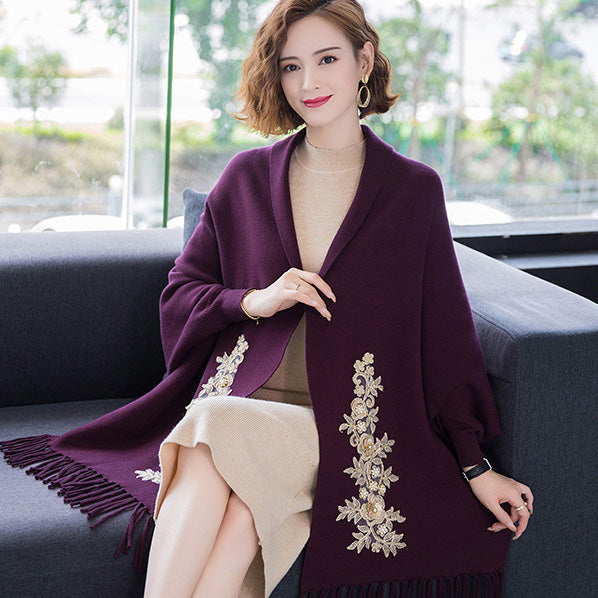 Cheongsam Matched Floral Appliques Knit Shawl Cape Jacket