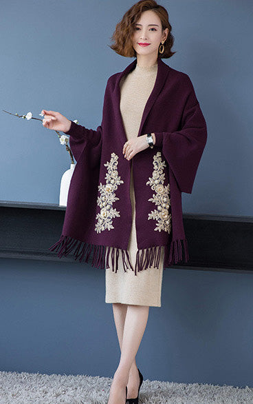 Cheongsam Matched Floral Appliques Knit Shawl Cape Jacket