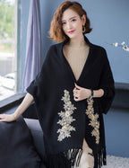 Cheongsam Matched Floral Appliques Knit Shawl Cape Jacket