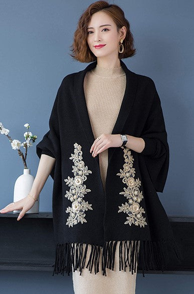 Cheongsam Matched Floral Appliques Knit Shawl Cape Jacket