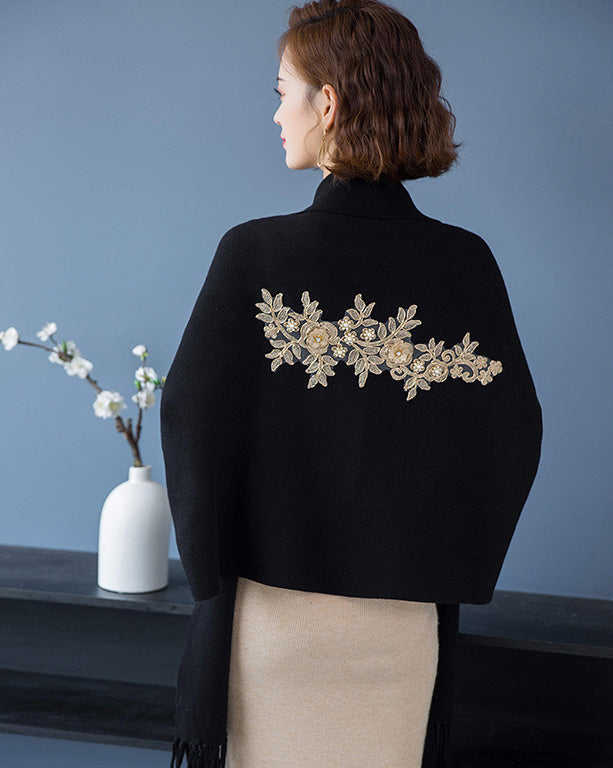 Cheongsam Matched Floral Appliques Knit Shawl Cape Jacket