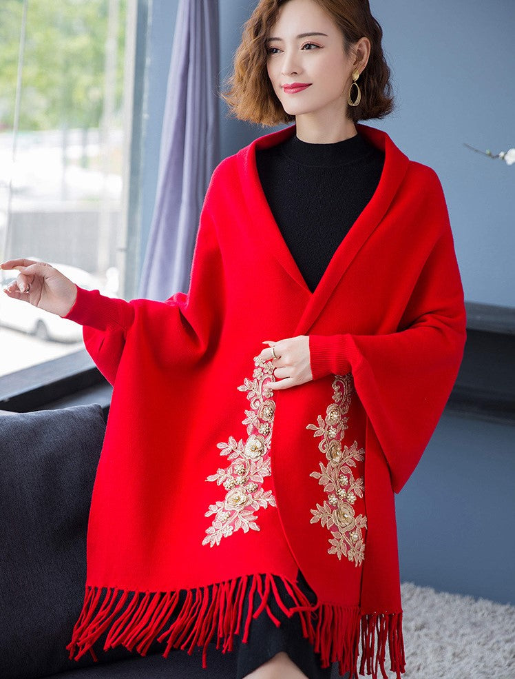 Cheongsam Matched Floral Appliques Knit Shawl Cape Jacket