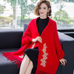 Cheongsam Matched Floral Appliques Knit Shawl Cape Jacket