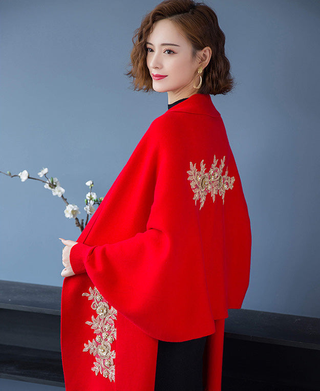 Cheongsam Matched Floral Appliques Knit Shawl Cape Jacket