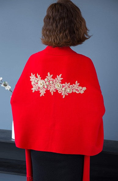 Cheongsam Matched Floral Appliques Knit Shawl Cape Jacket
