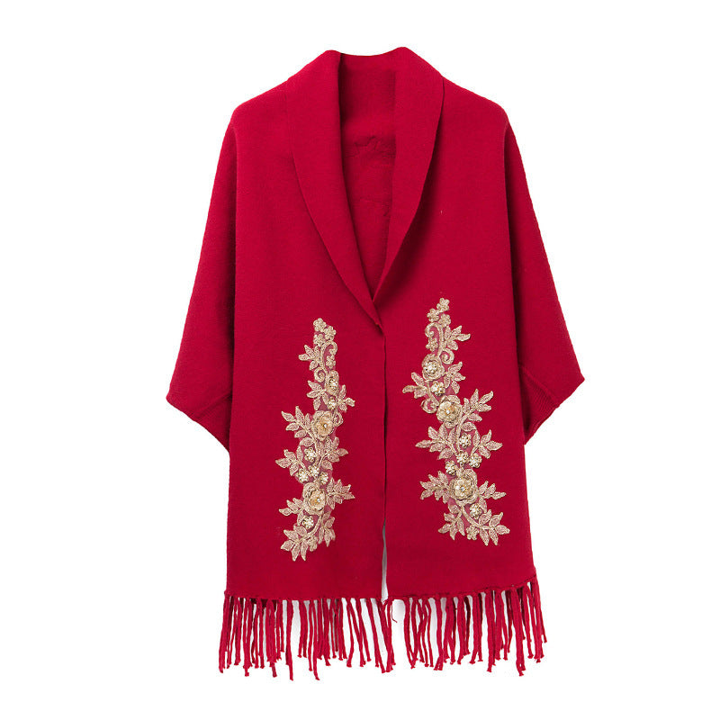 Cheongsam Matched Floral Appliques Knit Shawl Cape Jacket