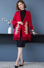 Cheongsam Matched Floral Appliques Knit Shawl Cape Jacket