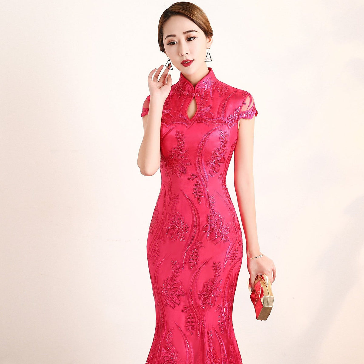 Floral Appliques Lace Full Length Mermaid Cheongsam Evening Dress