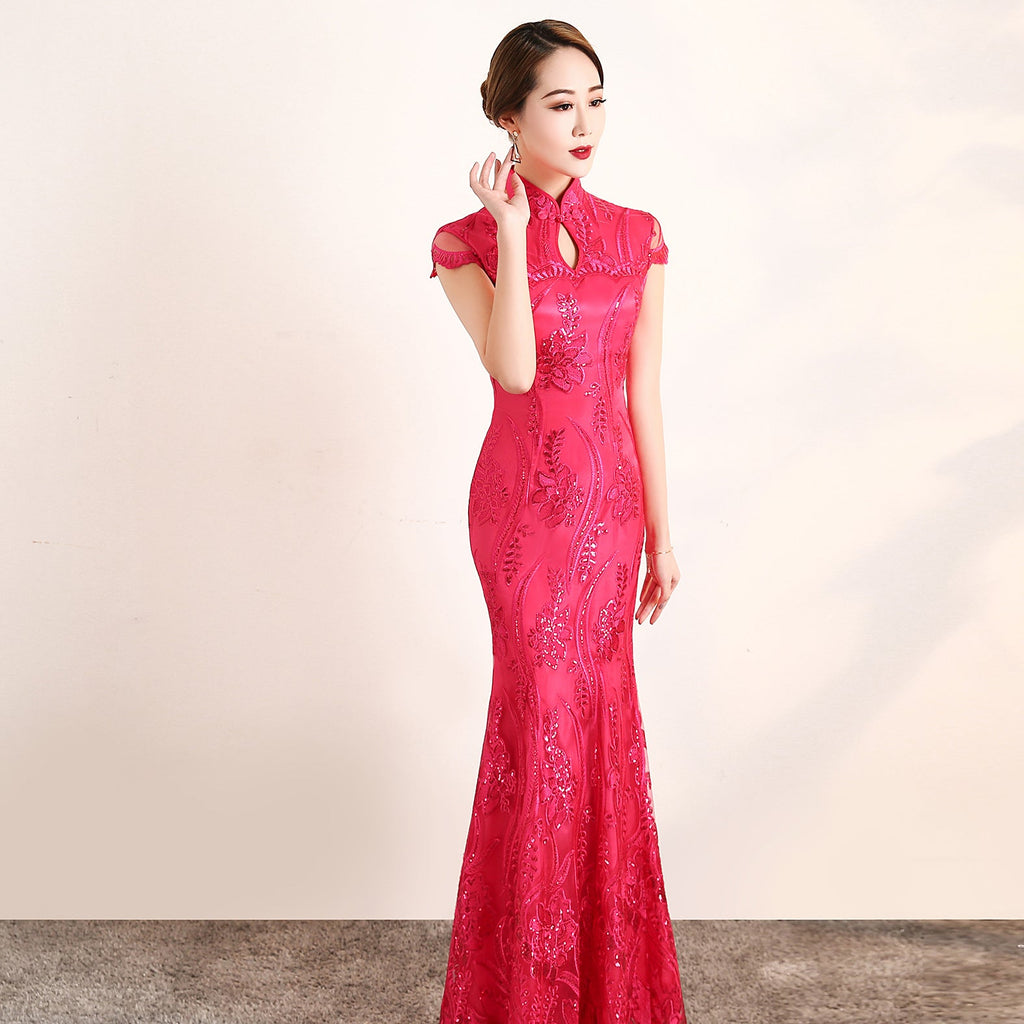 Floral Appliques Lace Full Length Mermaid Cheongsam Evening Dress