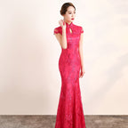 Floral Appliques Lace Full Length Mermaid Cheongsam Evening Dress