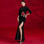 3/4 Sleeve Floral Embroidery Velvet Cheongsam Mermaid Evening Dress