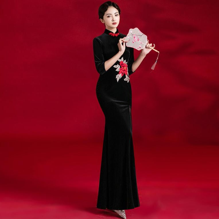 3/4 Sleeve Floral Embroidery Velvet Cheongsam Mermaid Evening Dress