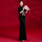3/4 Sleeve Floral Embroidery Velvet Cheongsam Mermaid Evening Dress