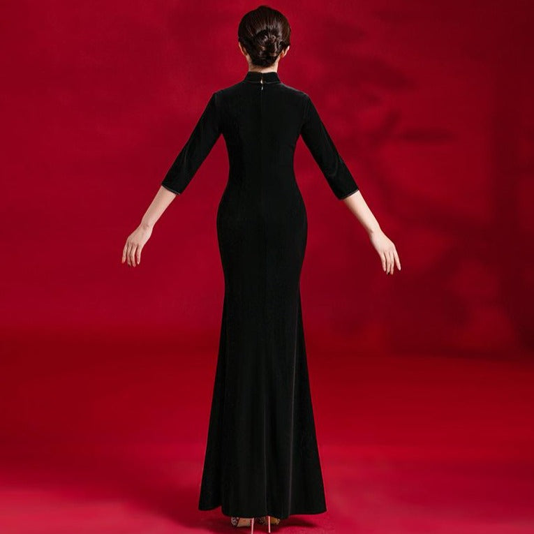 3/4 Sleeve Floral Embroidery Velvet Cheongsam Mermaid Evening Dress