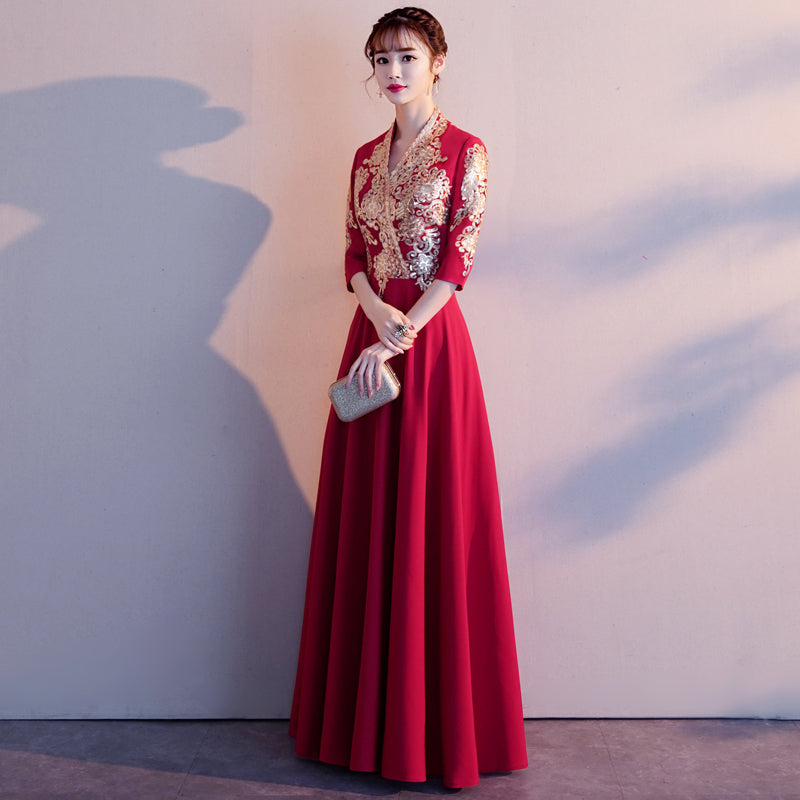 3/4 Sleeve V Neck Floral Embroidery Long Chinese Wedding Party Dress