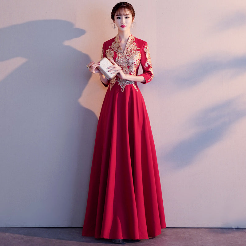 3/4 Sleeve V Neck Floral Embroidery Long Chinese Wedding Party Dress